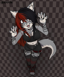 alternative_fashion armband belt bra breasts checkered checkered_background chin_piercing cleavage clothed clothing collar countershading ear_piercing emo facial_piercing female fur garter_straps high-angle_view highlights_(coloring) legwear looking_at_viewer nose_piercing nose_ring pattern_background paw_pose piercing pose red_eyes red_highlights ring_piercing simple_background spiked_collar spikes striped_body striped_fur stripes tail teeth thigh_highs torn_thigh_highs underwear ghwostpawz gray_(ghwostpawz) domestic_cat felid feline felis mammal hi_res nonbinary_(lore)