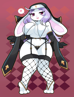 3_toes 5_fingers ahoge anthro armwear black_clothing black_gloves black_handwear black_panties black_underwear breast_curtains breasts clothing cross ears_down elbow_gloves eyelashes eyeshadow feet female female_anthro fingers fishnet_clothing fishnet_legwear fur garter_straps gloves habit hair half-closed_eyes handwear heart_symbol legwear long_hair looking_at_viewer makeup monotone_body monotone_fur narrowed_eyes nun nun_outfit open_mouth outline panties pink_eyes pink_eyeshadow pivoted_ears purple_hair red_background simple_background smile solo thick_thighs toes tongue triangle_nose under_boob underwear upper_teeth_only white_body white_fur wide_hips yellow_outline onigiri_punch lagomorph leporid mammal rabbit absurd_res hi_res