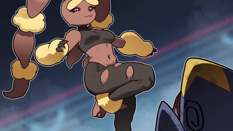 3_toes ambiguous_gender anthro belly_grab big_butt black_clothing black_legwear black_sclera black_shirt black_stockings black_tank_top black_topwear blue_body blue_eyes blue_scales blush breasts breath brown_body brown_fur butt claws clothing dominant dominant_ambiguous emanata fangs feet female female/ambiguous fin finger_claws fur gameplay_mechanics gui health_bar leg_grab legwear lying medium_breasts music on_back orange_claws pink_eyes pose pupils purple_body red_body red_scales scales sharp_teeth shirt smug sound_effects spikes spikes_(anatomy) spiral spiral_eyes stockings submissive submissive_anthro submissive_female tail tail_fin tan_body tan_fur tank_top teeth thigh_grab toe_claws toes topwear white_claws winged_arms wings yellow_body yellow_scales yellow_sclera hakkim nintendo pokemon pokemon_champions_(game) garchomp generation_4_pokemon generation_6_pokemon generation_7_pokemon mega_evolution mega_lopunny pokemon_(species) toxapex 16:9 2026 2d_animation animated hi_res long_playtime sound video widescreen