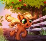 apple_tree cutie_mark female fence feral freckles fruit_tree open_mouth outside plant smile solo tree harwick friendship_is_magic hasbro my_little_pony applejack_(mlp) earth_pony equid equine horse mammal pony 2018