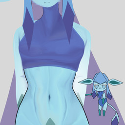 alternate_species anthro belly blue_body blue_clothing blue_shirt blue_skin blue_topwear chibi clothing crop_top femboy flirting green_markings hands_behind_back looking_at_viewer lower_body lower_body_focus male markings midriff navel neutral_expression obscured_face shirt simple_background small_waist standing topwear torso_shot porporpor nine_sols nintendo pokemon red_candle_games alter ji_(nine_sols) eeveelution generation_4_pokemon glaceon mammal pokemon_(species) 1:1 hi_res