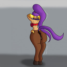 animal_genitalia animal_vulva anus bandeau blue_hair butt clitoris clothing cuff_(restraint) dancing equine_genitalia equine_vulva female genitals gold_(metal) gold_jewelry green_body hair jewelry mid_transformation presenting presenting_hindquarters red_clothing red_underwear restraints simple_background solo topwear underwear vulva wrist_cuffs deltapyro shantae_(series) wayforward shantae equid equine horse humanoid mammal 2025 hi_res