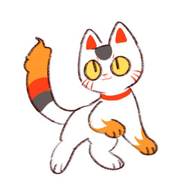 ambiguous_gender black_body closed_smile feral grey_body looking_up mouth_closed orange_body red_inner_ear simple_background simple_eyes smile solo unsigned white_background white_body white_ears asnnonaka nekoya_daiya domestic_cat felid feline felis mammal full-length_portrait portrait