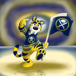 anthro black_eyes blue_body blue_fur bottomless clothed clothing flag fur gesture hand_gesture ice_rink male mascot pawpads pointing sharp_teeth solo striped_body stripes teeth yellow_body yellow_fur katproductions6 buffalo_sabres nhl sabretooth_(buffalo_sabres) felid mammal prehistoric_species saber-toothed_tiger 1:1 hi_res