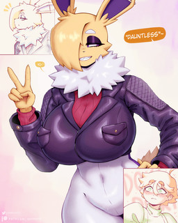 anthro big_breasts blush breasts clothed clothing eyebrows female gesture grin hair half-closed_eyes hand_gesture looking_at_viewer narrowed_eyes sharp_teeth smile teeth text v_sign gammainks nintendo pokemon kaminari_(gammainks) katherine_robinson_(gammainks) eeveelution generation_1_pokemon human jolteon mammal pokemon_(species) 2026 absurd_res artist_name digital_media_(artwork) english_text hi_res