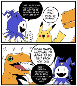 anthro border claws clothing dialogue fur green_eyes group hat headgear headwear humor male sharp_teeth snowman sparkles teeth text trio white_border yellow_body yellow_fur wanderjegson atlus bandai_namco digimon megami_tensei nintendo pokemon sega jack_frost_(megami_tensei) agumon demon digimon_(species) generation_1_pokemon pikachu pokemon_(species) comic english_text