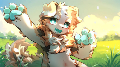 4_fingers anthro biped black_nose blue_eyes blue_pawpads blush blush_lines brown_body brown_fur chest_tuft day fangs fingers fluffy fluffy_tail fur gesture grass grass_field kemono light looking_at_viewer male multicolored_body multicolored_fur navel neck_tuft open_mouth outside pawpads paws plant solo sunlight tail teeth tree tuft waving waving_at_viewer white_body white_fur hlg7777 canid canine canis domestic_dog mammal 2025 chinese_description digital_drawing_(artwork) digital_media_(artwork) shaded translated_description wallpaper