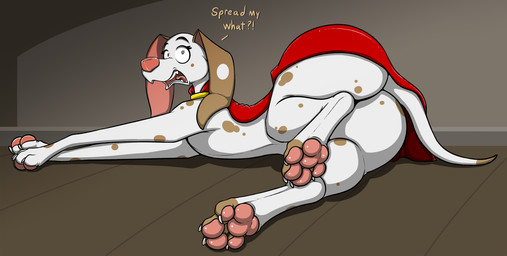 big_butt big_ears butt cape claws clothing dialogue feet female female_feral feral floppy_ears fur interrobang long_ears lying on_side open_mouth pawpads pink_pawpads question solo superhero text white_body white_fur wide_eyed conditional_dnp psy101 paprika_(psy101) canid canine canis dalmatian domestic_dog mammal 2023 english_text hi_res