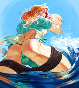 anthro ball balls_outline big_butt bulge butt clothing detailed_bulge erection eyewear genital_outline hair male muscular muscular_male outside partially_submerged rear_view shirt solo sunglasses tail topwear water masedumpy epic_games fortnite kingston_(fortnite) felid feline lion mammal pantherine hi_res