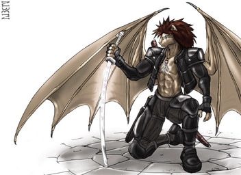 abs armor blue_eyes brown_hair claws clothed clothing cuisse eye_scar facial_scar fingerless_gloves fur gloves hair handwear holding_melee_weapon holding_object holding_sword holding_weapon jewelry katana kneeling looking_forward male melee_weapon membrane_(anatomy) membranous_wings muscular muscular_male necklace on_one_knee open_clothing open_shirt open_topwear pecs poleyn runes scabbard scar schynbalds shirt solo spaulder sword tan_body tan_fur topwear weapon wing_claws wings rubendevela felid lion mammal pantherine 2003 signature unavailable_at_source