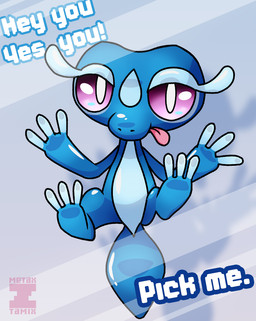 ambiguous_gender blue_body feral looking_at_viewer simple_background tail text tongue tongue_out tamix nintendo pokemon pokemon_winds_and_waves gecqua generation_10_pokemon pokemon_(species) 2026 digital_media_(artwork)