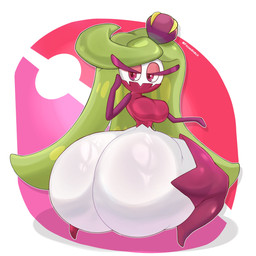 big_butt biped breasts butt crouching eyelashes featureless_feet feet female green_hair hair half-closed_eyes huge_butt huge_thighs hyper hyper_butt looking_back multicolored_body narrowed_eyes not_furry nude nude_female pseudo_clothing rear_view red_eyes simple_background small_waist solo text thick_thighs wasp_waist white_body fromariels nintendo pokemon generation_7_pokemon humanoid pokemon_(species) tsareena 1:1 2025 absurd_res artist_name digital_drawing_(artwork) digital_media_(artwork) hi_res