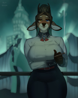 anthro antlers art_deco_architecture big_breasts breasts building cigarette city city_background cosplay female heterochromia horn inside skyscraper solo blackrabbitshone 2k_games bioshock deer mammal absurd_res hi_res