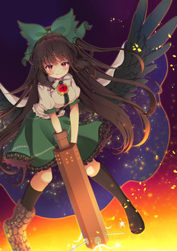 accessory arm_cannon black_wings blush bottomwear bow_ribbon breasts brown_hair clothing female flying gradient_background green_bottomwear green_clothing green_skirt hair hair_accessory hair_bow hair_ribbon knee_highs legwear long_hair puffy_sleeves red_eyes ribbons shirt short_sleeves simple_background skirt solo topwear white_clothing white_shirt white_topwear wings iris_anemone touhou utsuho_reiuji animal_humanoid avian avian_humanoid humanoid winged_humanoid hi_res