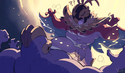 anthro balls beak big_penis bodily_fluids duo flaccid genitals male musclegut muscular muscular_anthro muscular_male nervous nervous_sweat nude_anthro nude_male penis pubes slightly_chubby slightly_chubby_anthro slightly_chubby_male sweat wrestler ventesthefloof nintendo pokemon generation_1_pokemon generation_9_pokemon humanoid machamp mega_evolution mega_hawlucha pokemon_(species) absurd_res hi_res