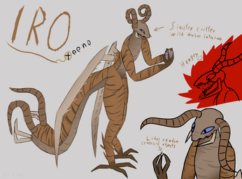 ambiguous_anthro ambiguous_gender antennae_(anatomy) anthro blue_eyes bodily_fluids brown_body claws exoskeleton mandibles nude nude_ambiguous nude_anthro saliva saliva_string sharp_teeth smug solo spikes tail teeth text unusual_anatomy unusual_tail xeeno silvet_(xeeno)