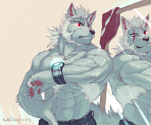 abs anthro athletic barazoku belt biceps big_muscles biped black_nose bottomwear chest_tuft claws clock clothed clothing dual_persona flexing fur glass grey_body grey_fur grey_hair hair looking_at_mirror looking_at_object male mirror muscular muscular_anthro muscular_male one_eye_closed pants pawpads paws pecs pose red_eyes reflection scar solo standing topless tuft watch wink null-ghost morihiko canid canine canis mammal wolf signature