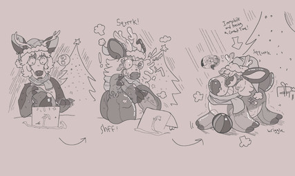 after_transformation ambiguous_gender anthro ball beach_ball blush christmas_clothing christmas_headwear christmas_tree clothing ear_piercing ear_ring embarrassed exclamation_point fur gift hair hat headgear headwear holidays inflatable latex liquid_latex piercing plant pool_toy question_mark ring_piercing santa_hat shaking simple_background smile solo sound_effects speech_bubble star text toy transformation tree faunbrosia christmas animate_inanimate cervine deer living_inflatable mammal new_world_deer 2025 digital_drawing_(artwork) digital_media_(artwork) english_text greyscale hi_res monochrome