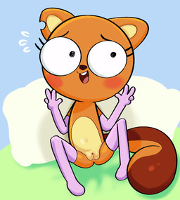 anthro blush bodily_fluids butt clothing embarrassed featureless_chest female flat_chested genital_fluids genitals gesture hand_gesture legwear nude open_mouth smile solo spread_legs spreading tail thigh_highs v_sign vaginal_fluids vulva young young_anthro young_female ichduhernz disney kiff_(series) kiff_chatterley mammal rodent sciurid tree_squirrel 2025 hi_res