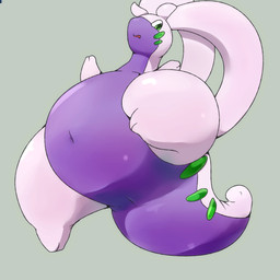 ambiguous_gender anthro anus_only belly big_belly green_eyes grey_background looking_at_viewer null open_mouth overweight overweight_ambiguous overweight_anthro purple_body simple_background slightly_chubby solo tail thick_tail thick_thighs wide_hips d5ma mythology nintendo pokemon dragon gastropod generation_6_pokemon goodra mollusk mythological_creature mythological_scalie pokemon_(species) scalie 1:1 2017 hi_res