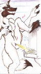 anthro badwing bodily_fluids breasts claws colored_pencil_(artwork) female genital_fluids genitals hiked_leg hindpaw mixed_media nipples paws peeing pen_(artwork) pussy raised_leg simple_background solo taboo_(character) tail traditional_media_(artwork) urinal urine urine_stream white_background
