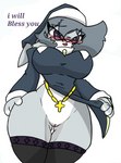 anthro big_breasts blush breasts clothing cross cross_pendant dialogue eyewear female glasses legwear low-angle_view multicolored_body nun solo thick_thighs thigh_gap thigh_highs two_tone_body wide_hips pace-maker disney zootopia violet_hopps lagomorph leporid mammal rabbit