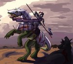 ambiguous_gender angry anthro armor arrow_(weapon) battle biped blood bodily_fluids bridle cloud cloudy_sky corpse female feral flag group knight lying lying_on_ground melee_weapon on_ground on_hind_legs on_side plate_armor polearm quadruped ranged_weapon reins riding saddle silhouetted_body sky snarling spear violence warrior weapon wounded revertigo mythology jaclyn_(revertigo) canid canine canis dragon equid equine horse mammal mythological_creature mythological_scalie scalie wolf 2025 hi_res