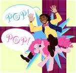 2012 abstract_background black_hair blue_eyes bow_(feature) bow_tie clothed clothing community_(series) crossover cutie_mark duo earth_pony equid equine eyewear female feral friendship_is_magic glasses hair hasbro horse human magnitude male mammal mane muffinpoodle my_little_pony pink_mane pinkie_pie_(mlp) pony riding speech_bubble text topwear vest