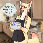 1:1 anthro apron apron_only arm_tuft blurred_background breasts cake canid canine cheek_tuft chest_tuft clothing cringecorecat dessert dialogue digital_drawing_(artwork) digital_media_(artwork) dipstick_tail elbow_tuft english_text facial_tuft female food fox frosting frosting_letters full-length_portrait holding_food holding_object katya mammal markings mostly_nude multicolored_tail photo_background photography_(artwork) portrait solo tail tail_markings tail_motion tailwag text tuft yellow_body