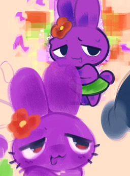 accessory ambiguous_anthro ambiguous_gender anthro blush chibi eyelashes featureless_feet featureless_hands feet flower flower_on_head fur hair_accessory monotone_body open_mouth plant pupils purple_body purple_fur whiskers ligma_(artist) doki_(dogisaga) lagomorph leporid mammal rabbit 2025 digital_drawing_(artwork) digital_media_(artwork) female_(lore)