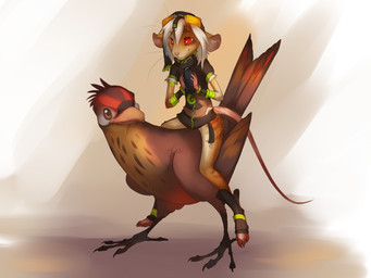 4_toes ambiguous_gender anisodactyl anthro avian_feet beak brown_eyes clothed clothing duo feathered_wings feathers feet feral nude pink_nose red_eyes riding smile straddling teeth toes wings akineza avian bird mammal mouse murid murine rodent 4:3 hi_res lol_comments