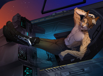 5_fingers belt boots bottomwear brown_hair clothed clothing cockpit electronics eyebrows eyelashes feet_up fingers footwear hair headgear headphones headset male navel open_mouth pants science_fiction shoes sitting smile solo space spacecraft teeth tongue topless vehicle ariannafray_pr syera_(wassgrey) felid feline mammal 2022 digital_media_(artwork)