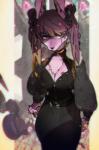 abstract_background accessory bangs bishop_sleeves breasts checkered chest_tuft clothing dress female fur hair hair_accessory jewelry long_ears long_hair necklace pigtails puffy_sleeves purple_body purple_fur purple_hair red_eyes solo tongue tongue_out tuft idkuroi canid canine canis domestic_dog mammal hi_res