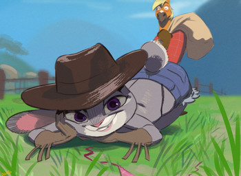 anthro blonde_hair blush bottomwear brown_body brown_fur clothed clothing cowboy_hat day denim denim_bottomwear denim_clothing denim_shorts duo female fur gloves grass grey_body grey_fur hair handwear hat headgear headwear looking_at_viewer male multicolored_body multicolored_fur outside plant purple_eyes scut_tail short_tail shorts tail topless white_body white_fur thehumancopier disney zootopia buck_colton_(thehumancopier) fan_character judy_hopps equid equine horse lagomorph leporid mammal rabbit hi_res