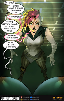 after_transformation anthro big_breasts bottomwear breasts clothed clothed_female clothed_human clothing dialogue duo female female_pov first_person_view fully_clothed fully_clothed_female fully_clothed_human hair hand_wraps human_focus not_furry_focus nude nude_anthro nude_female pants pink_hair sidecut text wraps lordburqan league_of_legends riot_games tencent jinx_(lol) vi_(lol) human hyena mammal english_text hi_res sibling_(lore) sister_(lore) sisters_(lore)