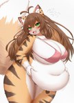 anthro belly big_belly big_breasts bikini blush breasts brown_hair chest_tuft clothed clothed_anthro clothed_female clothing dipstick_ears dipstick_tail ear_markings eyelashes female female_anthro fluffy fluffy_tail fur gloves_(marking) green_eyes hair heart_symbol huge_breasts inner_ear_fluff kemono looking_at_viewer markings multicolored_ears obese obese_anthro obese_female overweight overweight_anthro overweight_female simple_background smile solo swimwear tail tail_markings thick_thighs tuft two-piece_swimsuit white_background wide_hips horokusa0519 catkey_(huhunya) canid canine felid feline felis fox hybrid mammal pantherine tiger 2023 digital_media_(artwork) hi_res