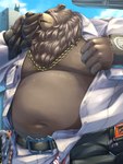 anthro belly bodily_fluids brown_body brown_fur chain_necklace clothed clothing detailed_background eye_scar facial_scar fur jacket jewelry kemono male moobs navel necklace open_clothing open_jacket open_shirt open_topwear overweight overweight_male scar shirt sky solo sweat topwear towel hiko_7 mihoyo zenless_zone_zero ben_bigger safetyboo bear mammal 2024 3:4 hi_res