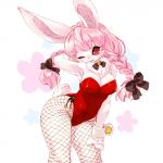 anthro big_breasts blush braided_hair breasts chest_tuft cleavage clothed clothing female fishnet_clothing fishnet_legwear fishnet_pantyhose fur hair legwear long_hair looking_at_viewer pantyhose pigtails pink_hair red_eyes solo tuft twin_braids cotora lagomorph leporid mammal rabbit 1:1