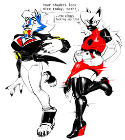 alternative_fashion anthro armwear artificial_intelligence black_body black_fur black_lips blue_body blue_fur breasts cellphone cheek_tuft claws cleavage clothed clothing dialogue duo elbow_gloves electronics eyelashes eyewear facial_tuft female footwear fur glasses gloves hair handwear high_heels hologram lips machine monotone_background open_mouth open_smile phone platform_footwear platform_heels pointy_ears prick_ears profanity pupils red_pupils sharp_teeth shoes simple_background smartphone smile teeth text tongue tuft white_background white_body white_fur white_hair the-hydroxian beth_(the-hydroxian) kaita_(the-hydroxian) android canid canine canis digital_creature mammal robot wolf 2023 absurd_res colored digital_drawing_(artwork) digital_media_(artwork) english_text hi_res
