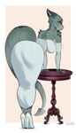 anthro back_side bedroom_eyes breasts butt clothing dress female footwear furniture high_heels horn legwear narrowed_eyes seductive shoes solo standing table tail thick_thighs thigh_highs wide_hips zhadart mythology dragon mythological_creature mythological_scalie scalie hi_res