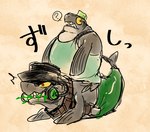 anthro carrying_another duo flat_top green_hair grey_body hair male overweight overweight_male piggyback red_eyes struggling yellow_sclera v_ig_v nintendo splatoon big_shot_(splatoon) fish marine salmonid_(splatoon) steelhead