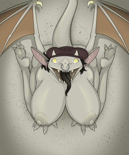 anthro big_breasts black_hair breasts clothing facial_piercing feet female hair headgear headgear_only headwear headwear_only horn huge_breasts kneeling looking_at_viewer membrane_(anatomy) mostly_nude nipples nose_piercing nose_ring open_mouth piercing ring_piercing short_hair simple_background solo tail teeth wings jw_7e6 deadlock_(game) valve ivy_(deadlock) gargoyle 5:6 absurd_res hi_res