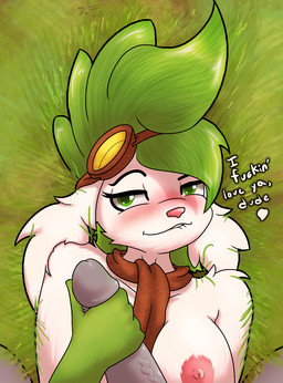 anthro anthrofied bite biting_lip blush breasts compliment declaration_of_love dialogue disembodied_penis duo erection eyewear female female_focus genitals goggles grass green_eyes handjob heart_symbol human_on_anthro humanoid_genitalia humanoid_penis i_love_you interspecies looking_at_viewer lying male male/female nipples on_back penile penis pink_nose plant pokemorph pokephilia profanity scarf sex talking_to_viewer text dunewulff nintendo pokemon grace_mustang generation_4_pokemon human legendary_pokemon mammal pokemon_(species) shaymin sky_forme_shaymin 2020 digital_media_(artwork) english_text hi_res signature