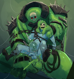 armor armor_plates balls blue_body bone bulge chain duo erection forced genitals glowing glowing_eyes green_body humanoid_genitalia humanoid_penis male male/male penis red_eyes sex size_difference skull skull_head slime slime_inflation text andrefil360 goo_creature goo_humanoid humanoid 2025 absurd_res digital_drawing_(artwork) digital_media_(artwork) hi_res
