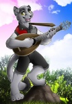 anthro biped clothed clothing cloud fangs looking_at_viewer lute male mandolin musical_instrument open_mouth outside playing_music plucked_string_instrument smile solo standing string_instrument teeth tongue gard3r felid mammal