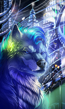 blue_eyes blue_hair city detailed_background hair night outside purple_eyes solo wolfroad canid canine canis mammal wolf 2015 3:5 digital_media_(artwork) headshot_portrait hi_res portrait