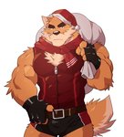 4_fingers anthro arm_tuft bag belt biceps big_muscles black_nose blue_eyes bottomwear brown_body brown_fur bulge carrying_another chest_tuft christmas_clothing christmas_headwear claws clothed clothing countershading elbow_tuft eyebrows fingerless_gloves fingers fur gloves handwear hat headgear headwear holidays male muscular muscular_anthro muscular_male santa_hat scarf shorts simple_background solo tan_body tan_fur thick_eyebrows topwear tuft white_background takemoto_arashi christmas otake canid canine canis domestic_dog mammal 2020 hi_res