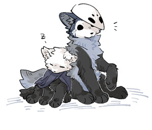 ambiguous_gender black_body black_eyes black_fur black_nose clothing duo empty_eyes eyes_closed feral fur inner_ear_fluff looking_at_another mask mouth_closed paws quadruped sitting sleeping tail tuft white_body white_fur aaasakawa hollow_knight_(franchise) team_cherry quirrel_(hollow_knight) the_knight_(hollow_knight) canid canine mammal male_(lore)