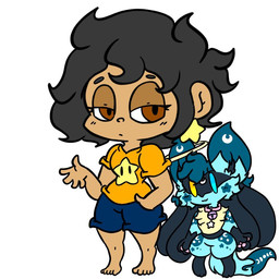 anthro black_hair blue_body blue_eyes bottomwear brown_body brown_eyes chibi clothing duo female hair heterochromia shirt shorts star topwear yellow_eyes lewdchuu nintendo pokemon pyon_(lewdchuu) generation_4_pokemon human lucario mammal pokemon_(species) 1:1