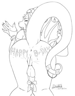 accessory anthro anus backsack balls bent_over bodily_fluids butt cum cum_on_butt cum_writing erection genital_fluids genitals happy_birthday herm horn humanoid_genitalia humanoid_penis intersex looking_at_viewer looking_back mooning non-mammal_balls nude penis penis_accessory penis_tuck presenting presenting_hindquarters raised_tail rear_view ribbons simple_background solo tail tail_anus text vulva sukebepanda mythology aphlita baphomet_(deity) deity demon dragon mythological_creature mythological_scalie scalie black_and_white digital_drawing_(artwork) digital_media_(artwork) english_text line_art monochrome source_request